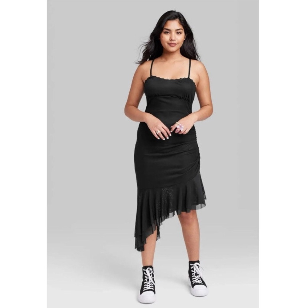 Wild Fable Black Asymmetrical Scrunch Side Mesh Dress